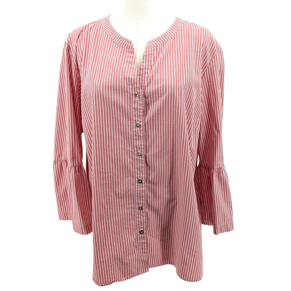 Anne Klein Striped Blouse Bell Sleeve Coral White Stretch Button Front XL